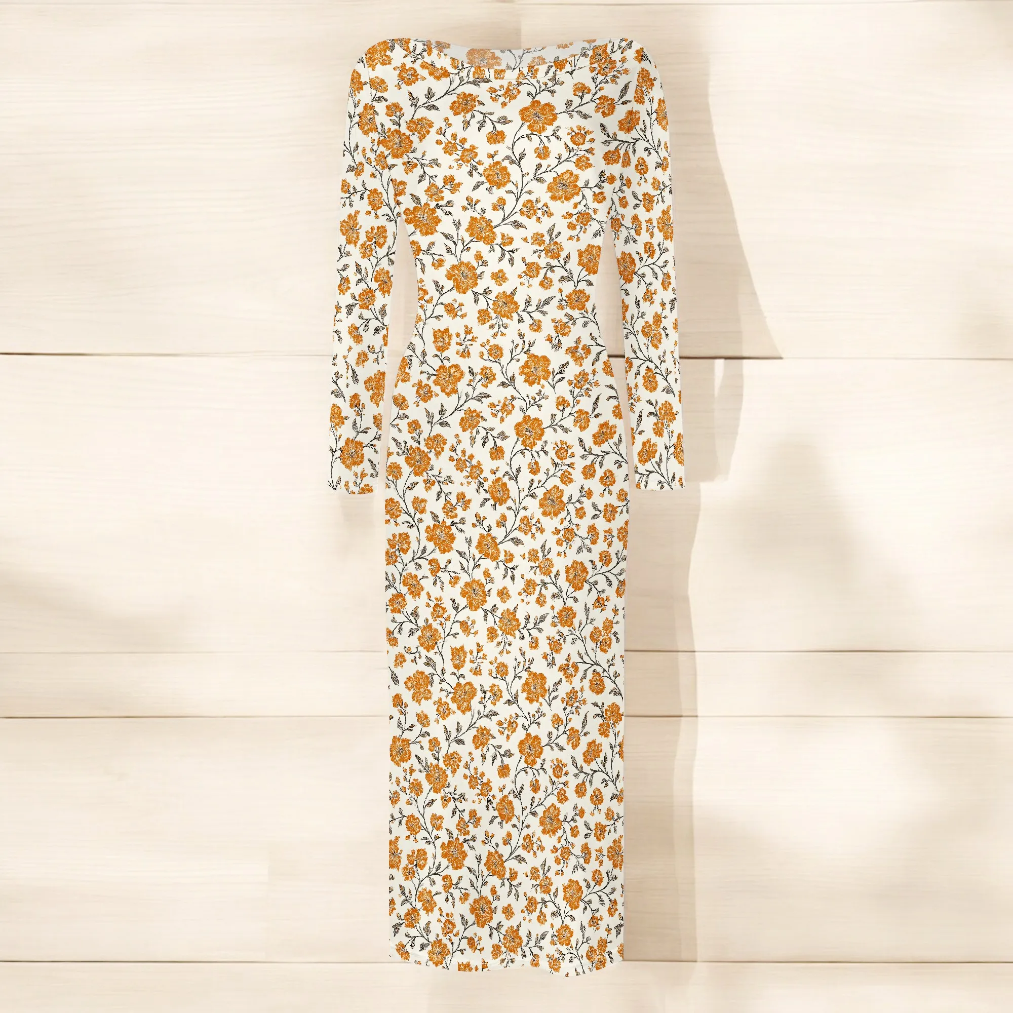 Abito lungo aderente da donna Autunno Primavera Moda Manica lunga Stampa floreale Abiti da club aderenti aderenti