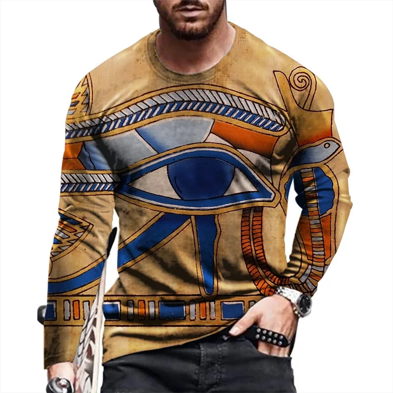 New Egyptian Hieroglyphs T-Shirts 3D Printed Men\'s Vintage Long Sleeve T Shirt Oversized Pullovers Tees Tops Clothing