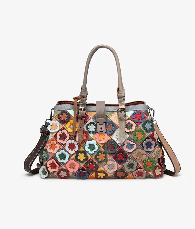 

Trendy High-End Fashion Genuine Leather Women's Handbag Patchwork Flower Design Single-Shoulder Crossbody Tote Bag