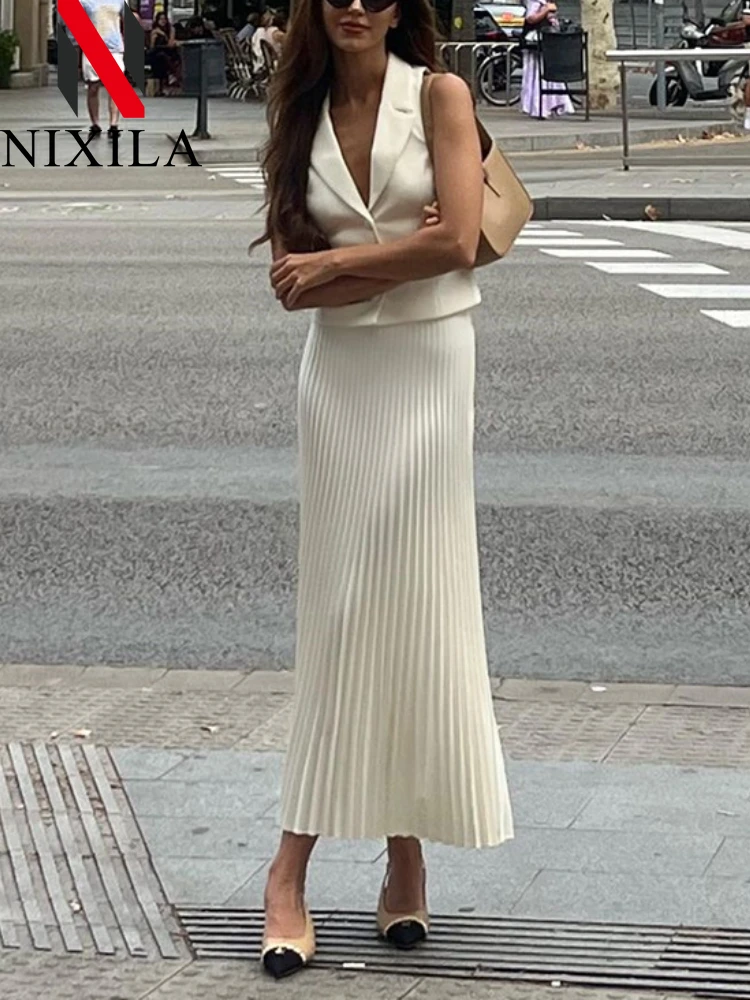 

Женский офисный комплект из двух предметов, элегантный трапециевидный Топ без рукавов и плиссированная юбка, летний комплект из двух предметов