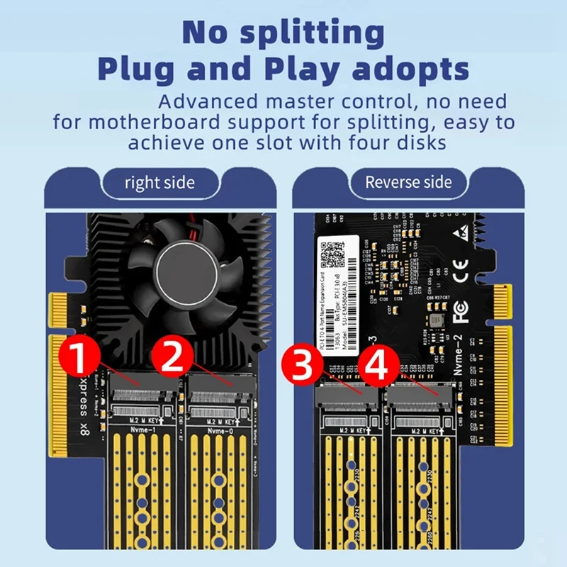 PCI-E X4 To 4 Hard Drive Adapter Card Multifunctional M.2 SSD To Pcie Split-Free 4-Port Array Adapter With Cooling Fan