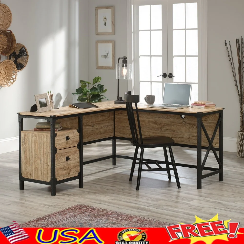 

L Shaped Desk Industrial Design Home Office Desk with Storage Drawers Cord Management Spacious Work Surface Laptop Files