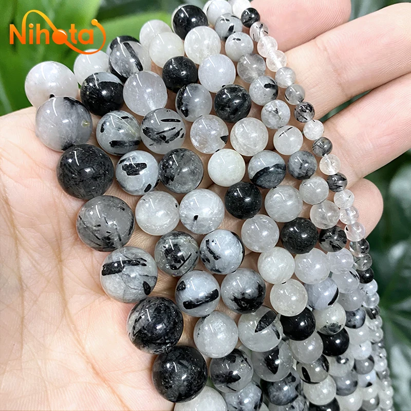 Natural Black Rutilated Quartz Crystals Round Loose Beads Handmade Diy Bracelet For Jewelry Making 4/6/8/10/12mm 15'' Strand