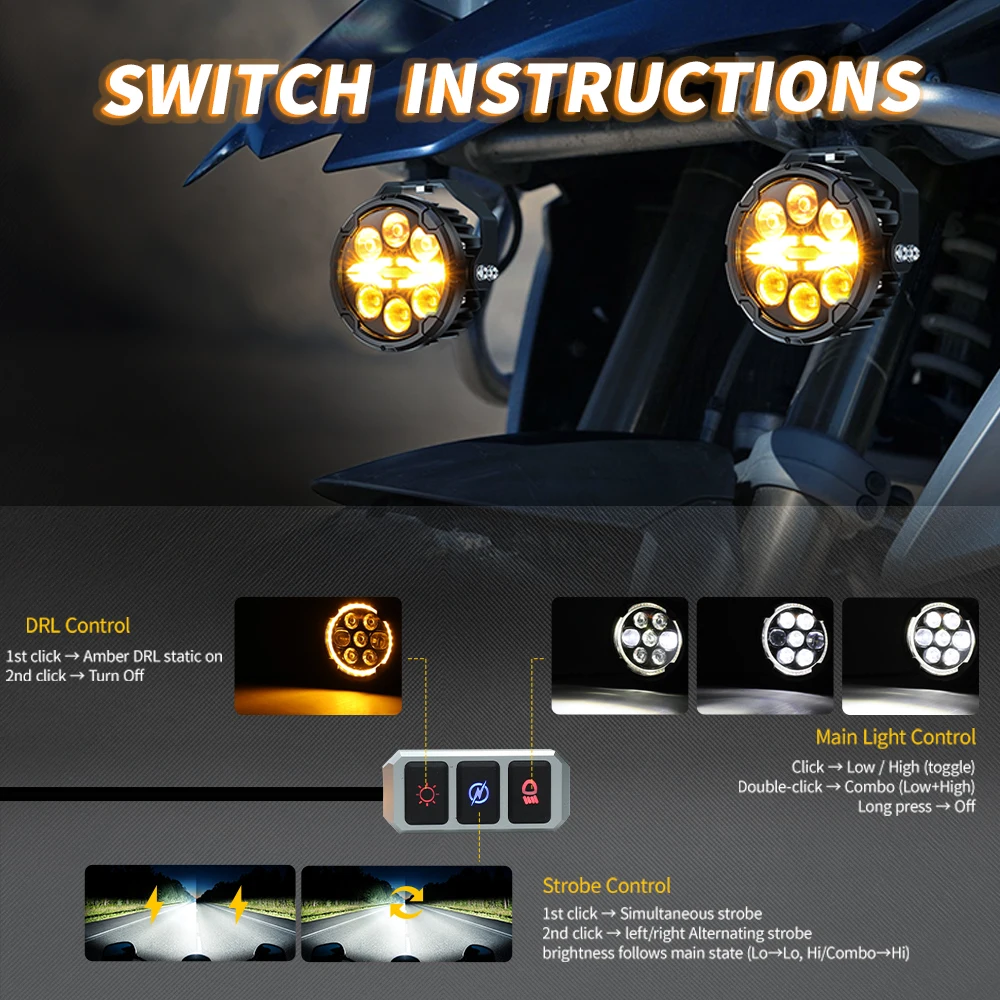 colight 3,5 Zoll Motorrad-LED-Zusatzscheinwerfer, gelbes Halo-Tagfahrlicht, Stroboskop-Blitzlicht, Nebelscheinwerfer für Offroad-Nutzung, externes Motorradlicht mit Kabelbaum