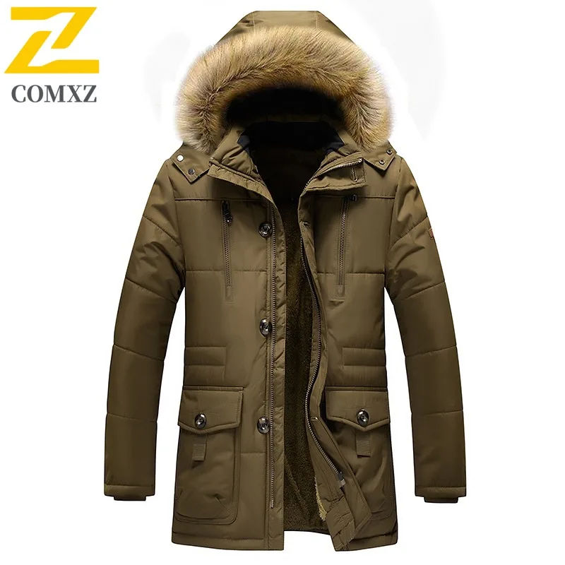 

COMXZ Мужская рабочая стеганая куртка 2025 с меховым воротником и капюшоном, уличная утолщенная теплая парка, повседневные деловые морозостойкие зимние пальто