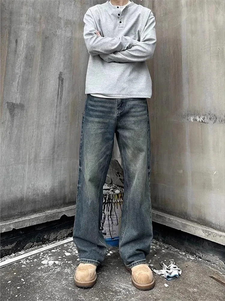 Cleanfit American Retro Blue Fce Lined Loose Straight Leg Jeans Men's Autumn Winter High Street Trend Brand Long Pants