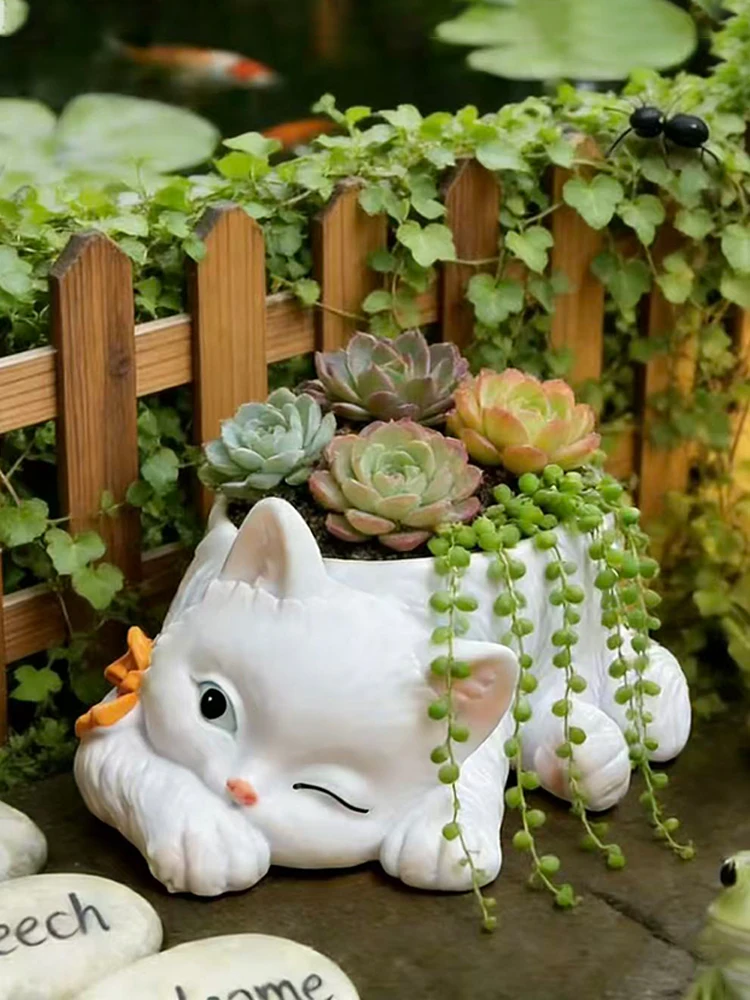 Kreativer Zwinkernder Katzen-Keramiktopf für Sukkulenten Niedlicher Tierförmiger Blumentopf mit Fliege für Heim Garten Balkon Deko Geschenk – Detail 6