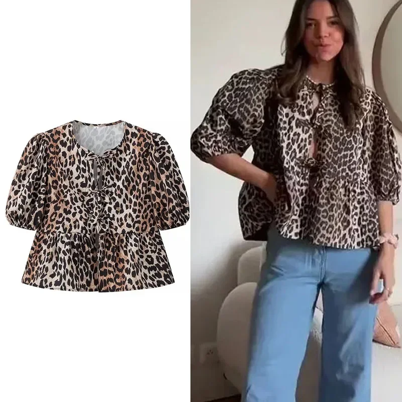 ASDS Leopard Print Blouse Women 2024 Bowknot Cut Out Crop Tops Woman Streetwear Short Sleeve T-Shirts Vintage Summer Blouses