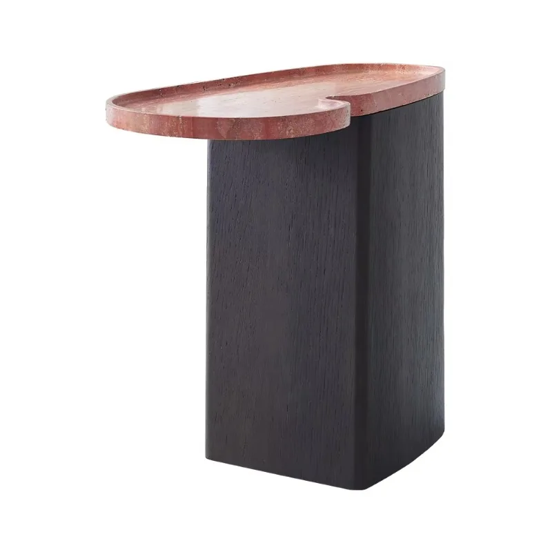 Modern luxury limestone side table dark wood base living room coffee table