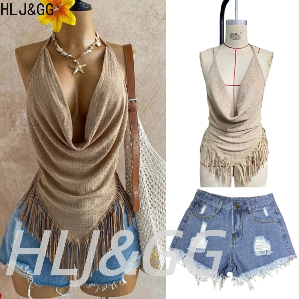 

HLJ&GG Summer New Vacation Halter Ruched Two Piece Sets Women Deep V Bandage Crop Top And Denim Shorts Outfit Fashion Streetwear