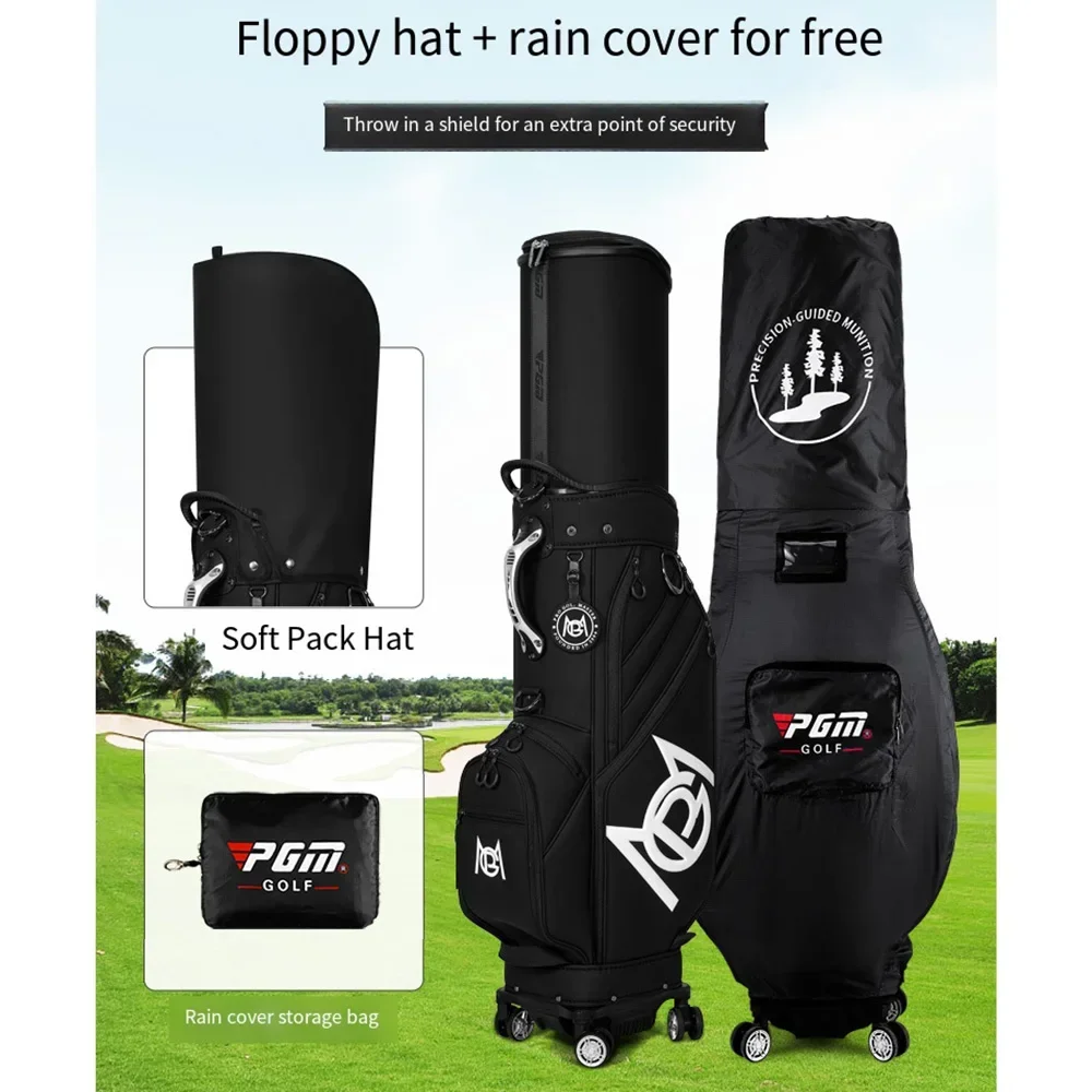 PGM Multi-Functional Golf Standard Ball Bags,Soft Leather Invert the Cue Aviation Pack,Large Capacity Stand Bag with Wheel QB153