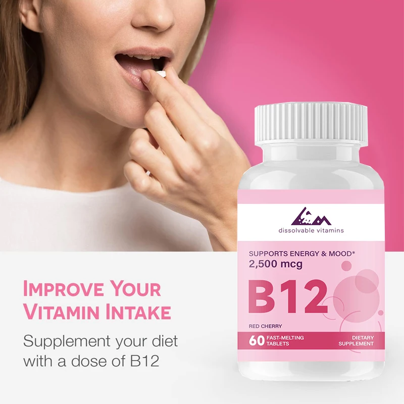 B12 Sublingual Vitamin 2,500 mcg, metilobalamin, bebas gula, 60 pil