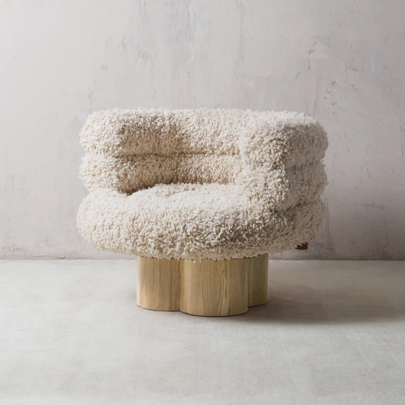 Single person sofa chair living room solid wood lambswool leisure chair with cream and marshmallows.