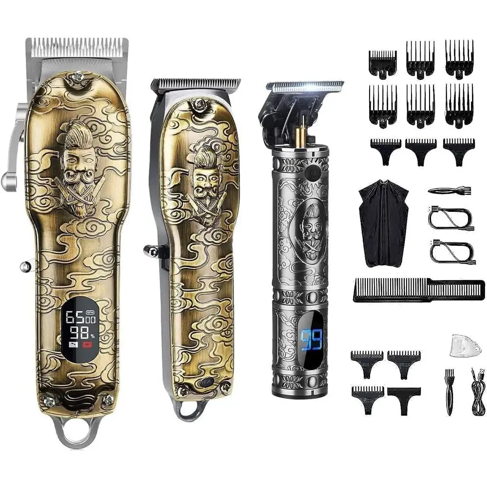 Professional 3-Piece Haircut Clippers and Trimmers Set for Men with T-Blade Beard Trimmer and LED Display, Gold