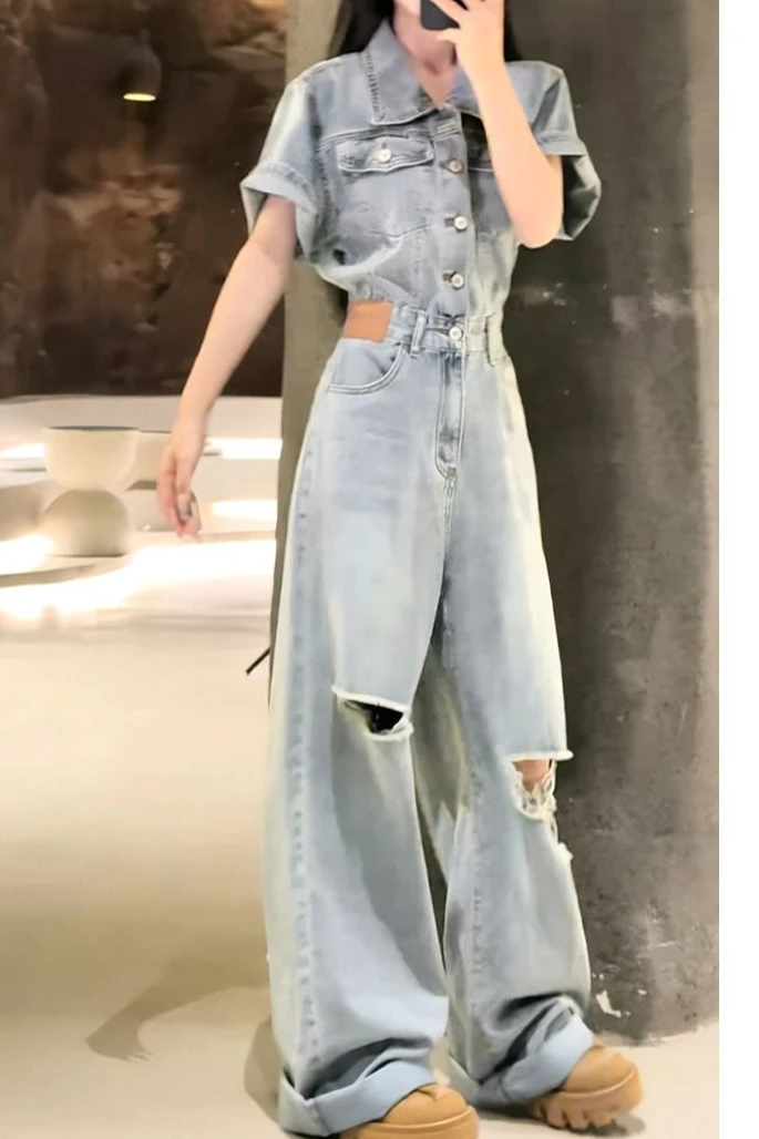 Summer New Women's Denim Jumpsuit Commuting High Street Slim Fit Jumpsuit