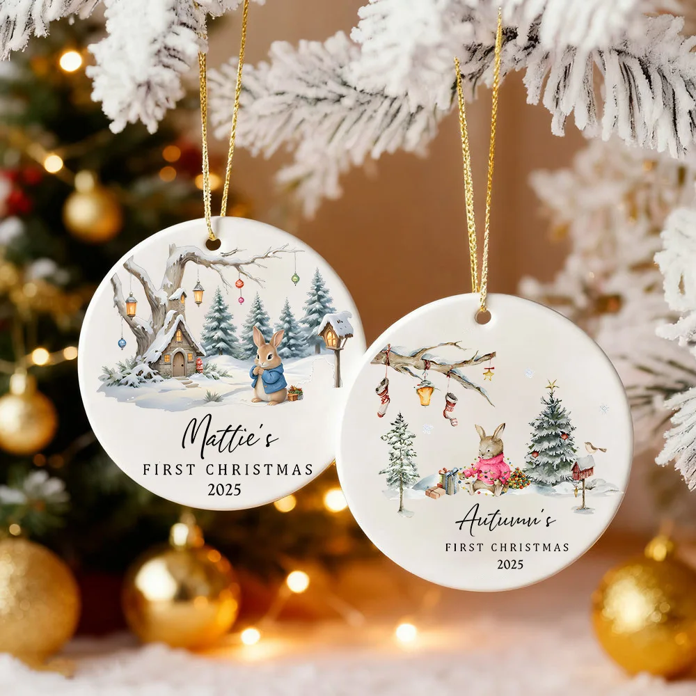 

Персонализированное детское первое рождественское украшение, первый рождественский кролик, украшение на память, рождественская безделушка, подарок, подарки для детского душа