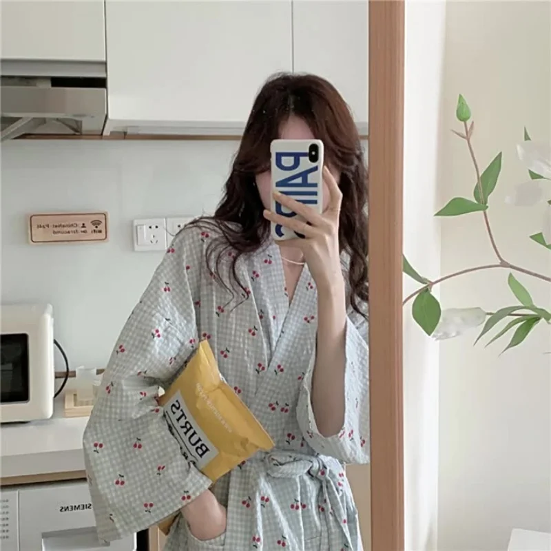 Small Fresh Sweet Plaid Cherry Plaid Robe Nightgown Nightgown Female Models Spring and Summer Long-Sleeved Bathrobe Homewear image 5