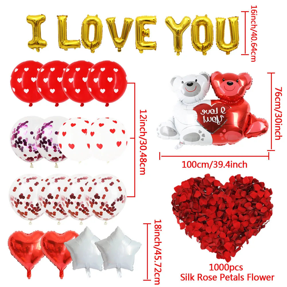 1Set Valentine\'s Day I Love You Hug Bear Balloons Foil Red Heart Balloon Wedding Party Decoration Baby Shower Birthday Supplies