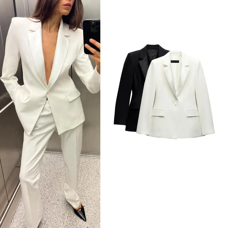 Silk Satin Texture Dress Style Patchwork Suit Jacket Spring New Arrival Women's Business Casual Long Sleeve  Color Coat