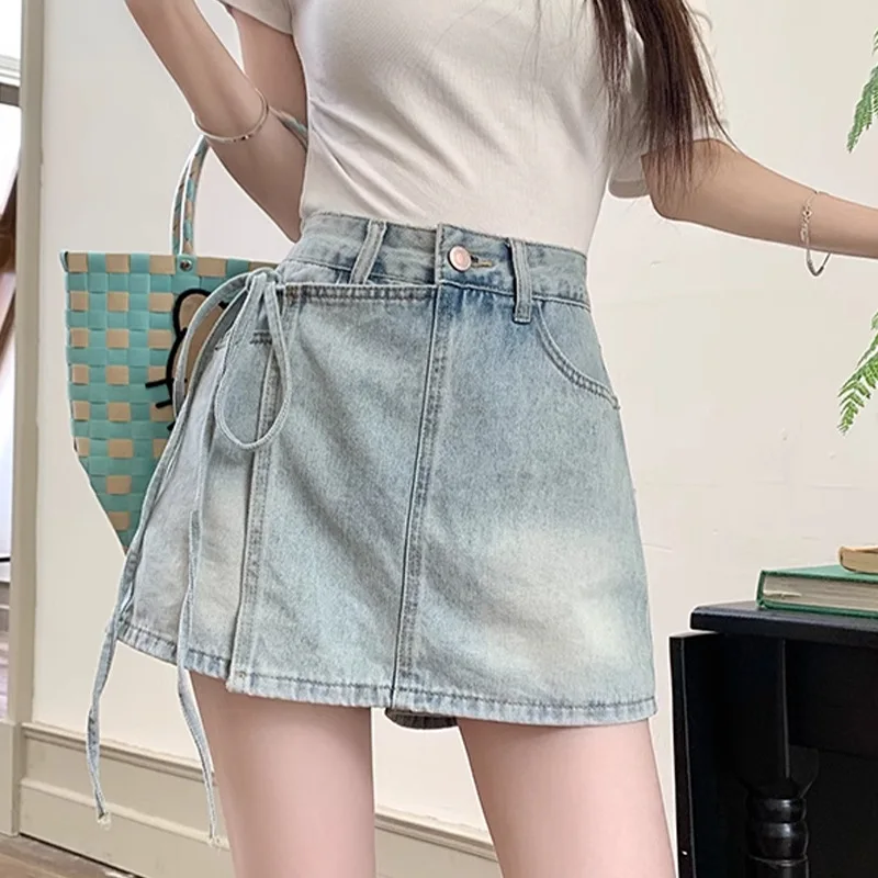 النساء عالية الخصر ألف خط الدنيم السراويل الكورية نمط الإناث غير النظامية وهمية قطعتين سراويل قصيرة بلون الصيف الملابس الرجعية