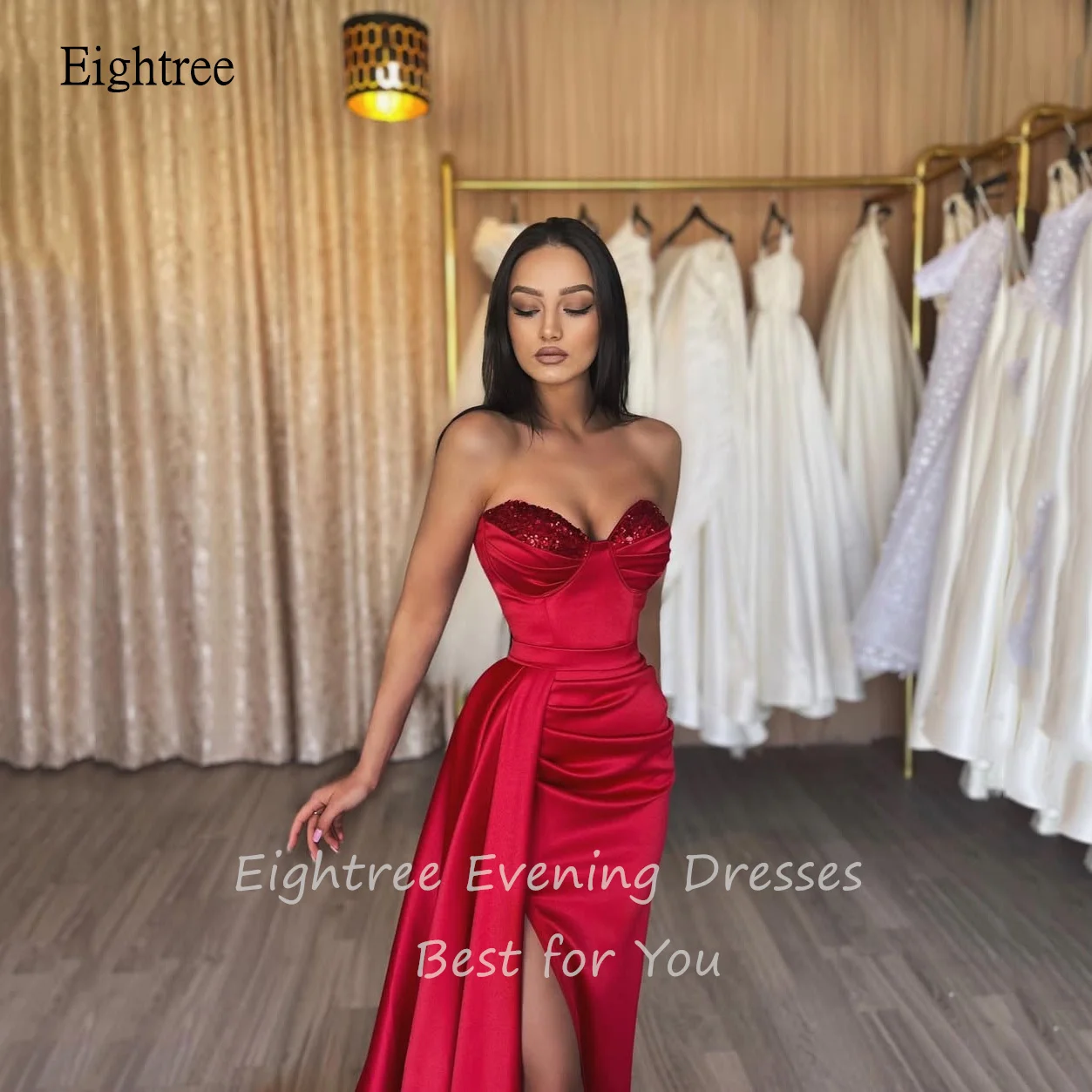 Eightree Classic Red Mermaid Formal Prom Gowns Bead Sweetheart Neck Evening Dress Side Slit Women Party Dresses 2025 Customized