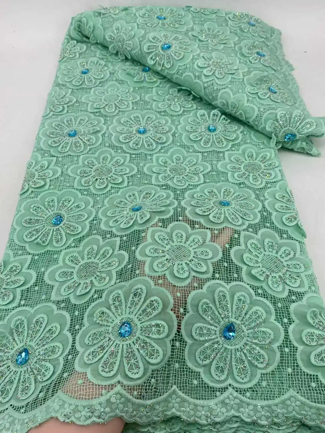 

2025 Nigerian Stone Lace Fabric for Sewing Wedding Embroidery Chiffon Lace Fabric Party Guipure Fabric High Quality Lace 5 Yards