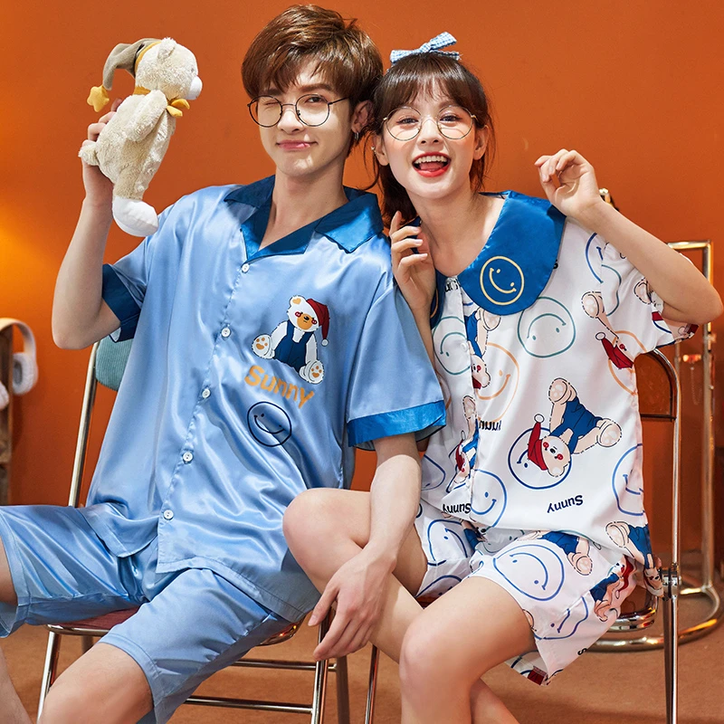 2PCS Couple Women Men Pajama Sets Summer Silk Cloth Sleepwear Sweethearts Pyjama Pour Femme kawaii Bear Printing Pijama Homewear