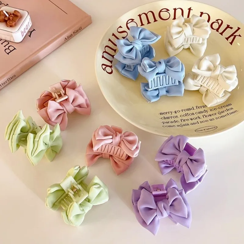 2pcs Bow Mini Hair Claw Women Sweet Solid Color Satin Bowknot Princess Hair Clips for Girls Fashion Hair Accessories Headdress