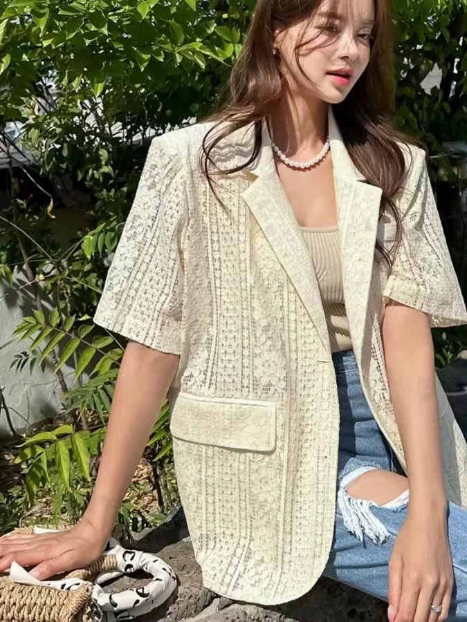 

Ele Embroidered Hollow out Suit Jaet Loose Lazy Sle Agel ort Sve Top for Women Commute Faion Summer Wear