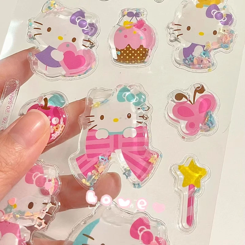 Sanrio Shake Water Stickers Cute Hello Katie Crystal Stickers 3d Decorative Bubble Stickers