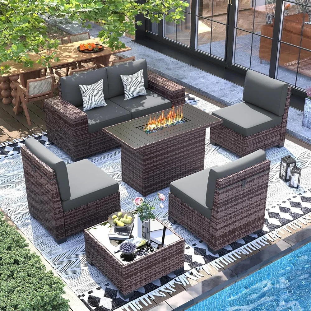 

Furniture Set with Fire Pit Table, 8 Inch Wide Armrest 7 Piece Sectional Sofas, All-Weather Wicker Conversation for Garden