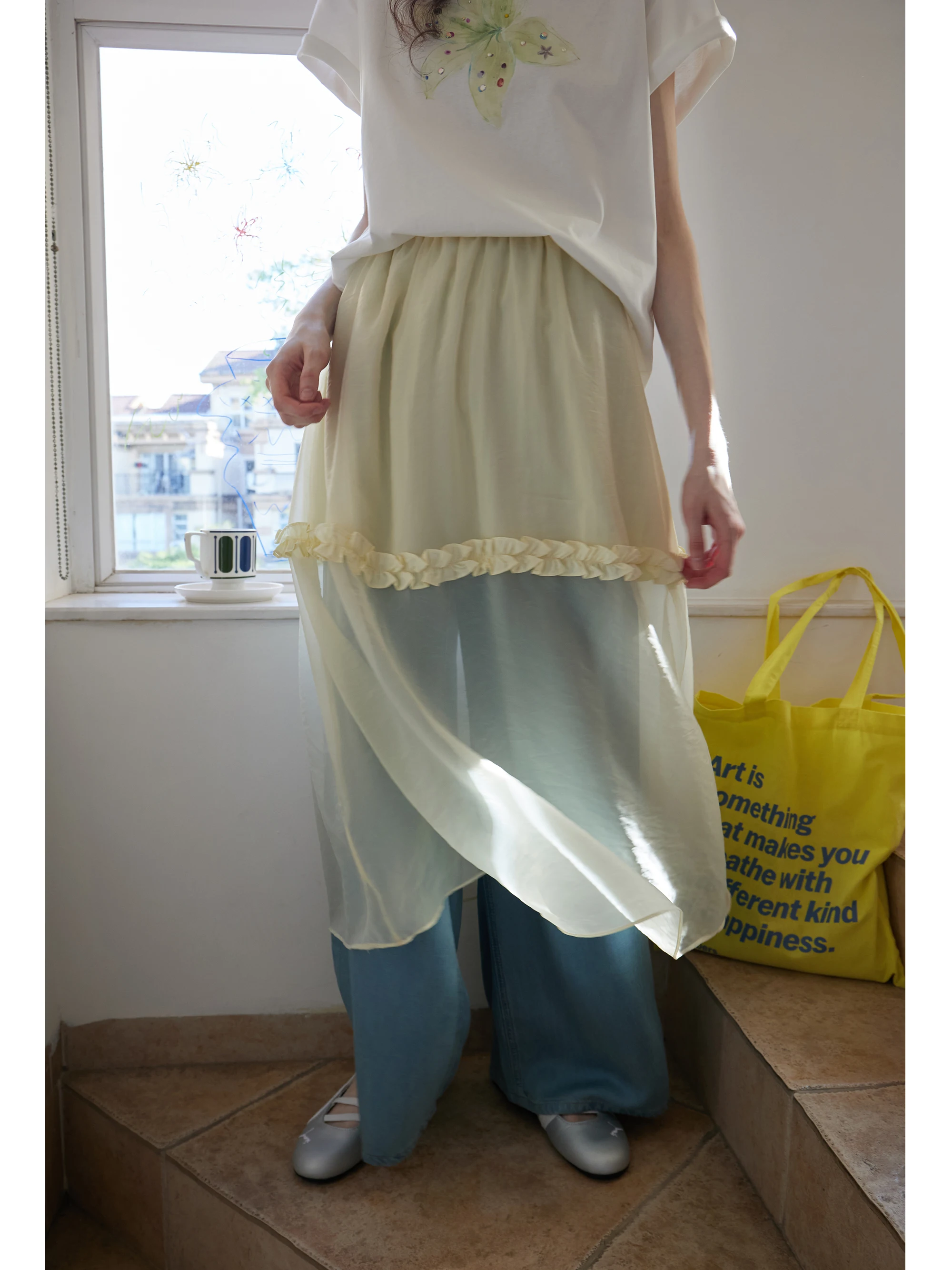 

Eggka Elastic Waist Splice Skirt Women's Korean Style Summer Slimming Fairy A-Line Midi Half Skirt Hollow out Decorative