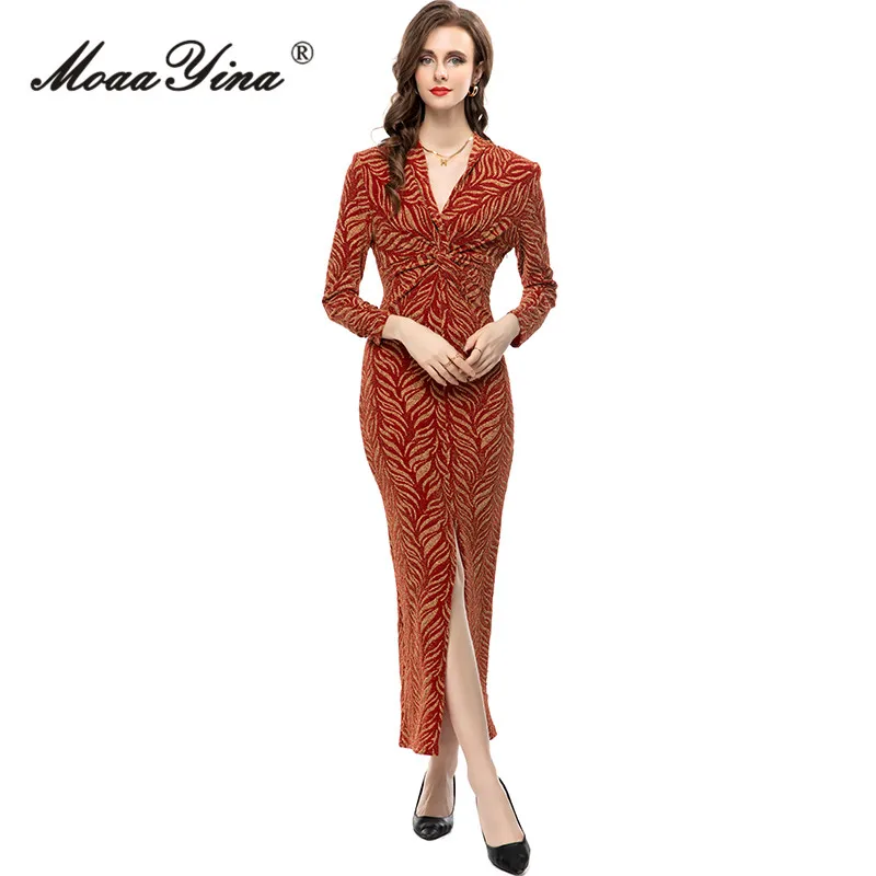 

MoaaYina Summer Fashion Designer Vintage Casual Dress Women V Neck Long Sleeve Ruched Spun Gold Package Buttocks Slit Long Dress