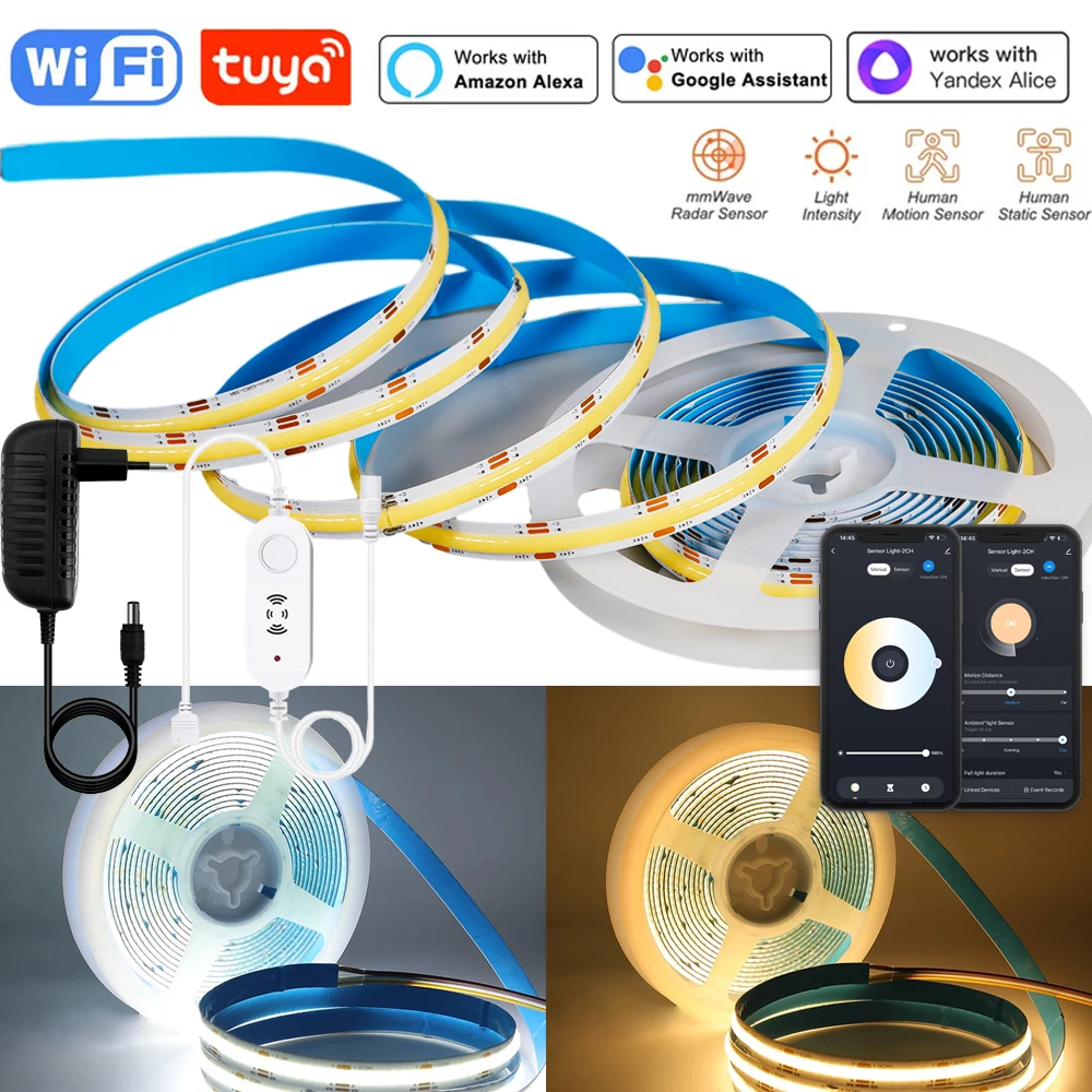 

5M/10M Tuya WiFi CCT COB LED Strip DC24V 2700K-6500K MmWave Human Presence Motion Sensor Radar Wave LED Control Dimmer Fr Alexa