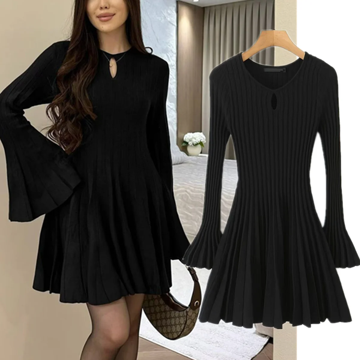 

Jenny&Dave Autumn And Winter Knitted Dress For Women French Style Minimalist Trumpet Sleeve Slim Mini Dress For Women