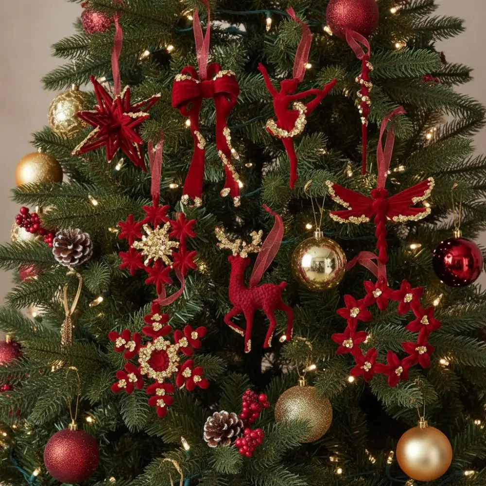 Colgante de árbol de Navidad de felpa, color rojo vino, lentejuelas doradas, lazo brillante, copo de nieve, alce, adornos colgantes, mariposa, libélula, barra de hielo