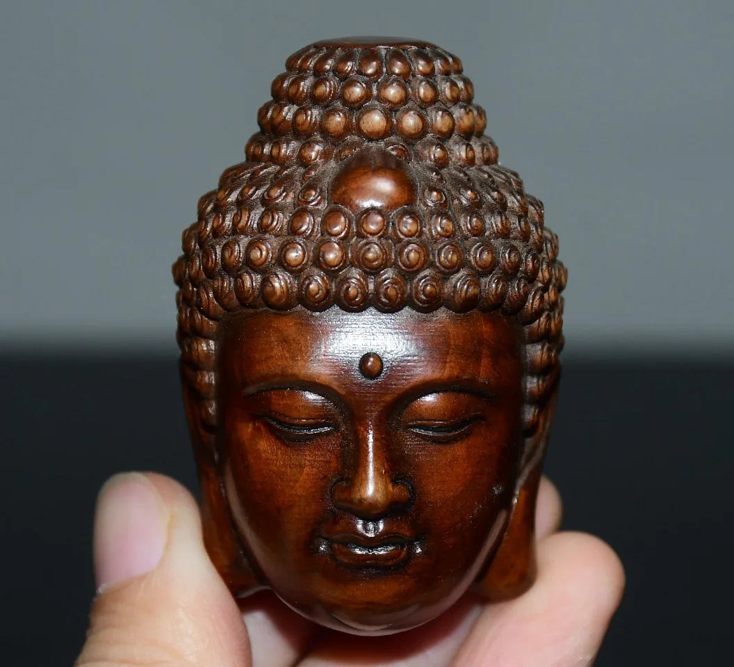 

2"Tibetan Temple Collection Old Boxwood Shakyamuni Buddha Head Amitabha Buddha Statue Amass wealth Pendant Amulet Town house