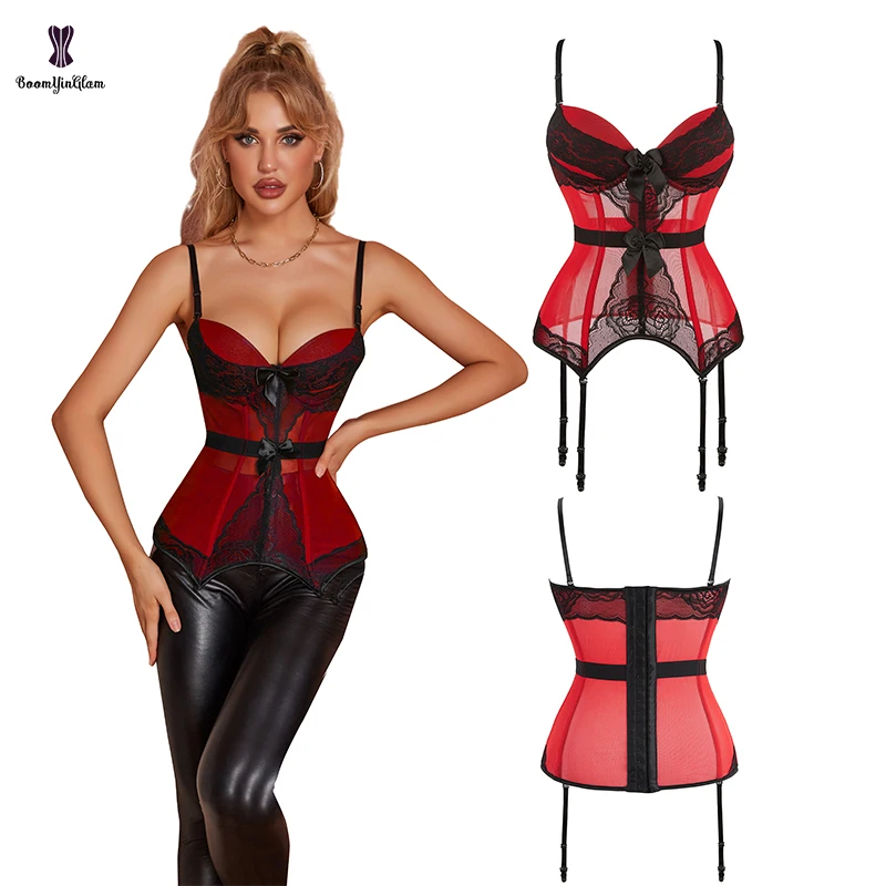 Plus Size Underwear Women Nightwear Clothing Blue Red Lingerie Corset Slimming Body Shapewear Mesh Bustier With Strap And Hook