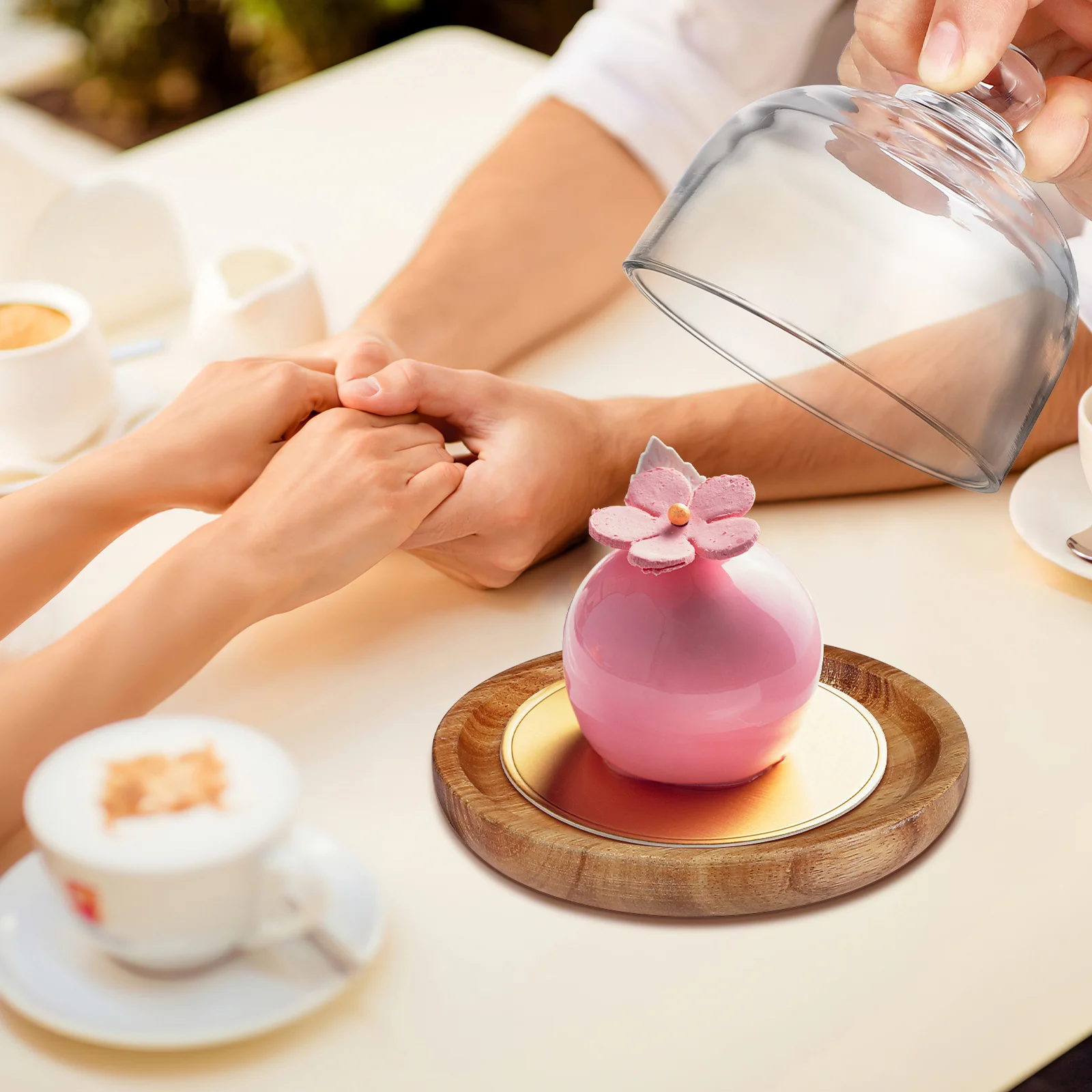 1 conjunto mini bandeja de bolo de madeira cúpula de vidro superfície lisa para cozinha restaurante hotel sobremesa placa de exibição suporte de bolo com capa