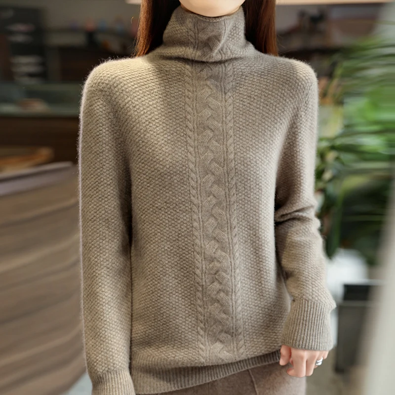 100% Wool Womens Sweaters Winter Twist Knitted Jumper Pullover Top Knitwear High-collar Sweater Female 2024