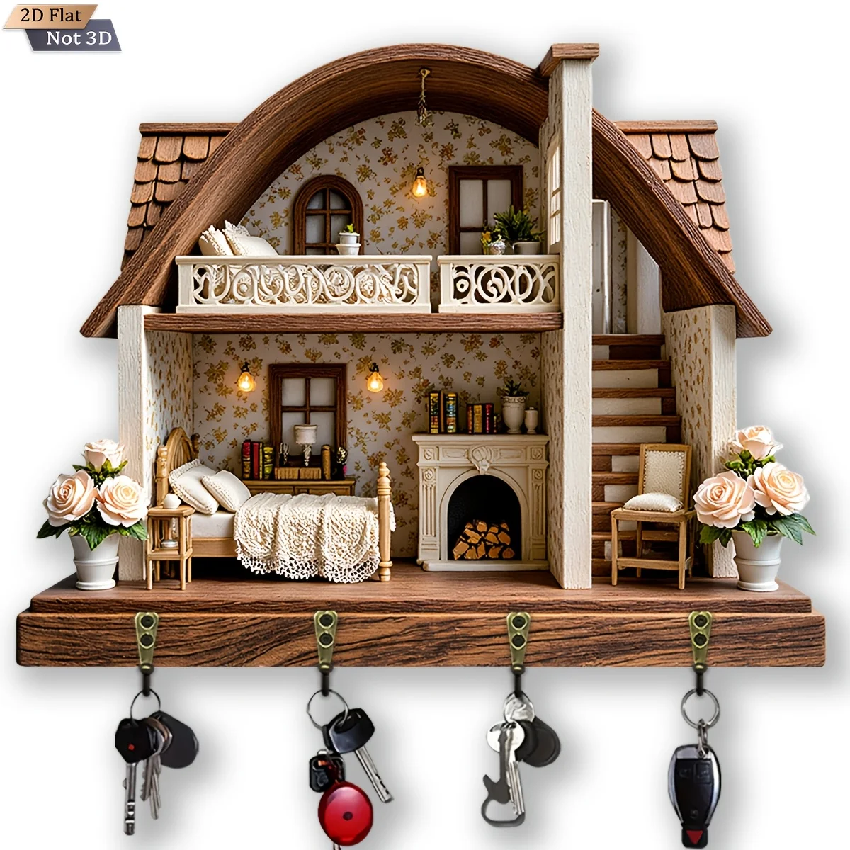 Porte-clés mural multifonctionnel en bois, style rétro cabane, 2D plat, 1 pièce, avec quatre crochets métalliques, décoration murale
