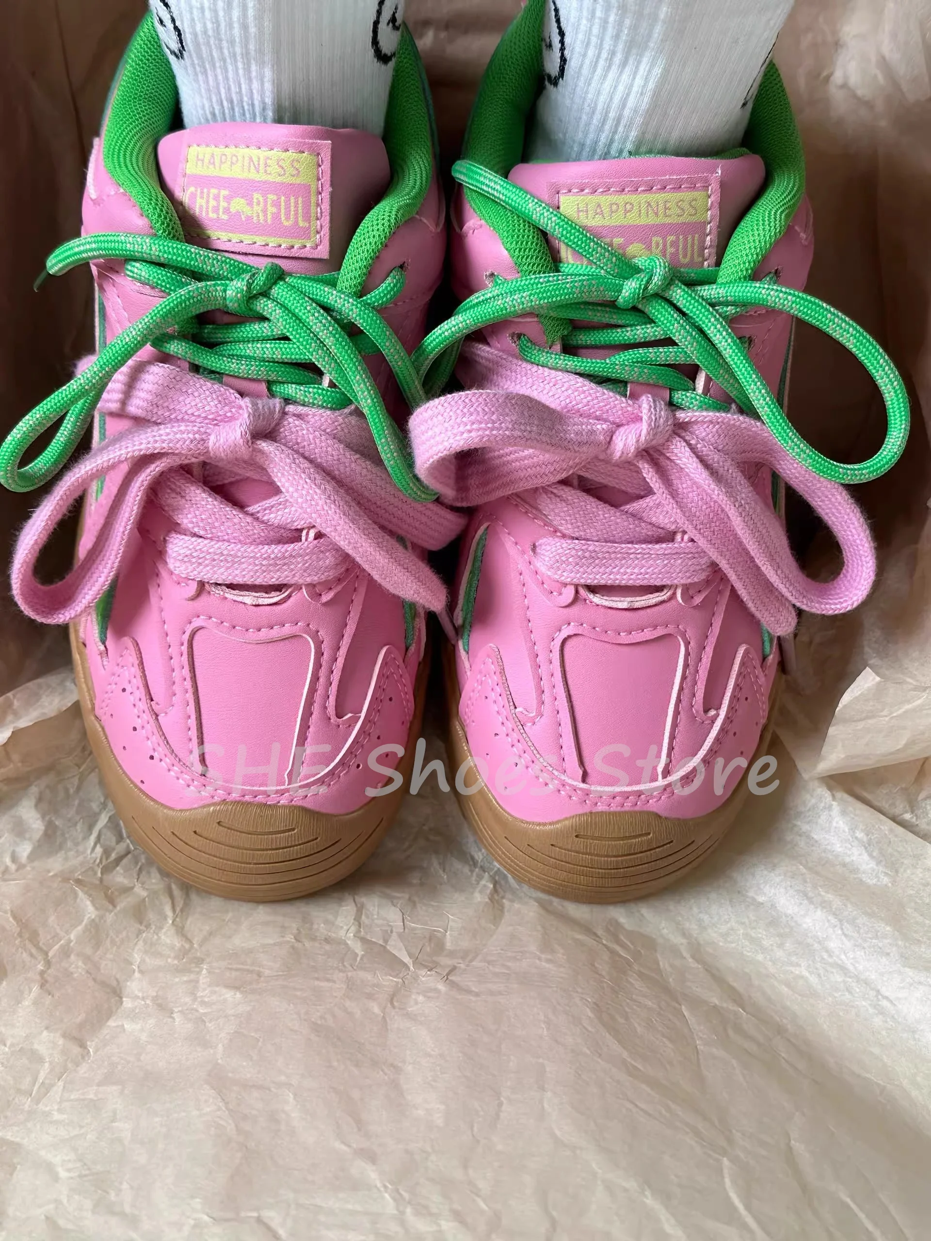 Mixed Color Butterfly Knot Sneakers for Women Round Toe Chunky Bottom Height Increasing Lace-Up Sport Shoes Ladies Leisure Shoes