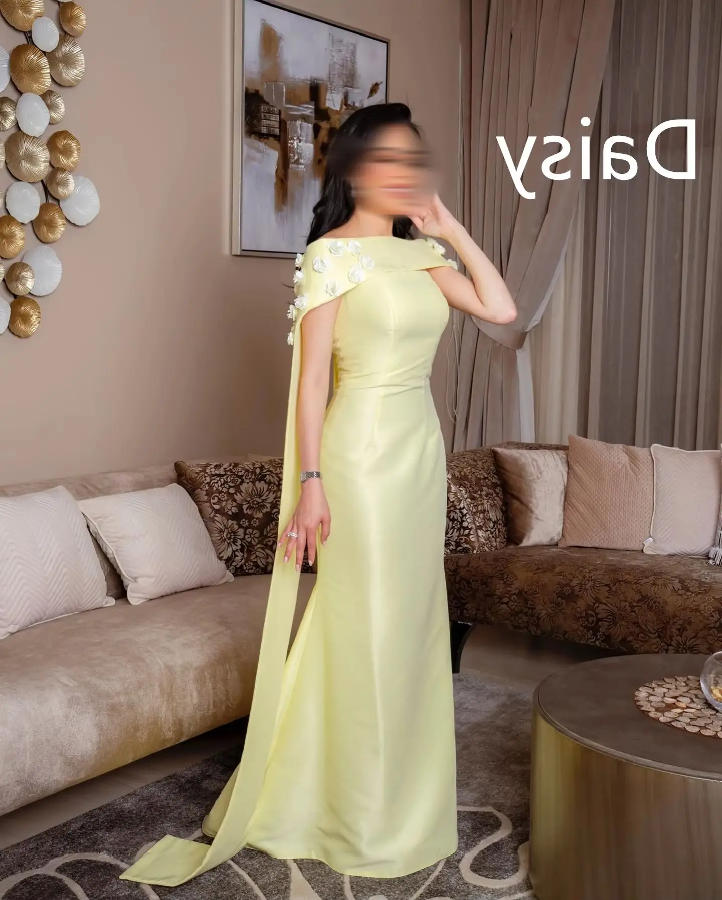 

Long Sheath Prom Dresses Bespoke Flowers Yellow Shawls Saudi Strapless Evening Gowns Wedding Party Women Wear Customized