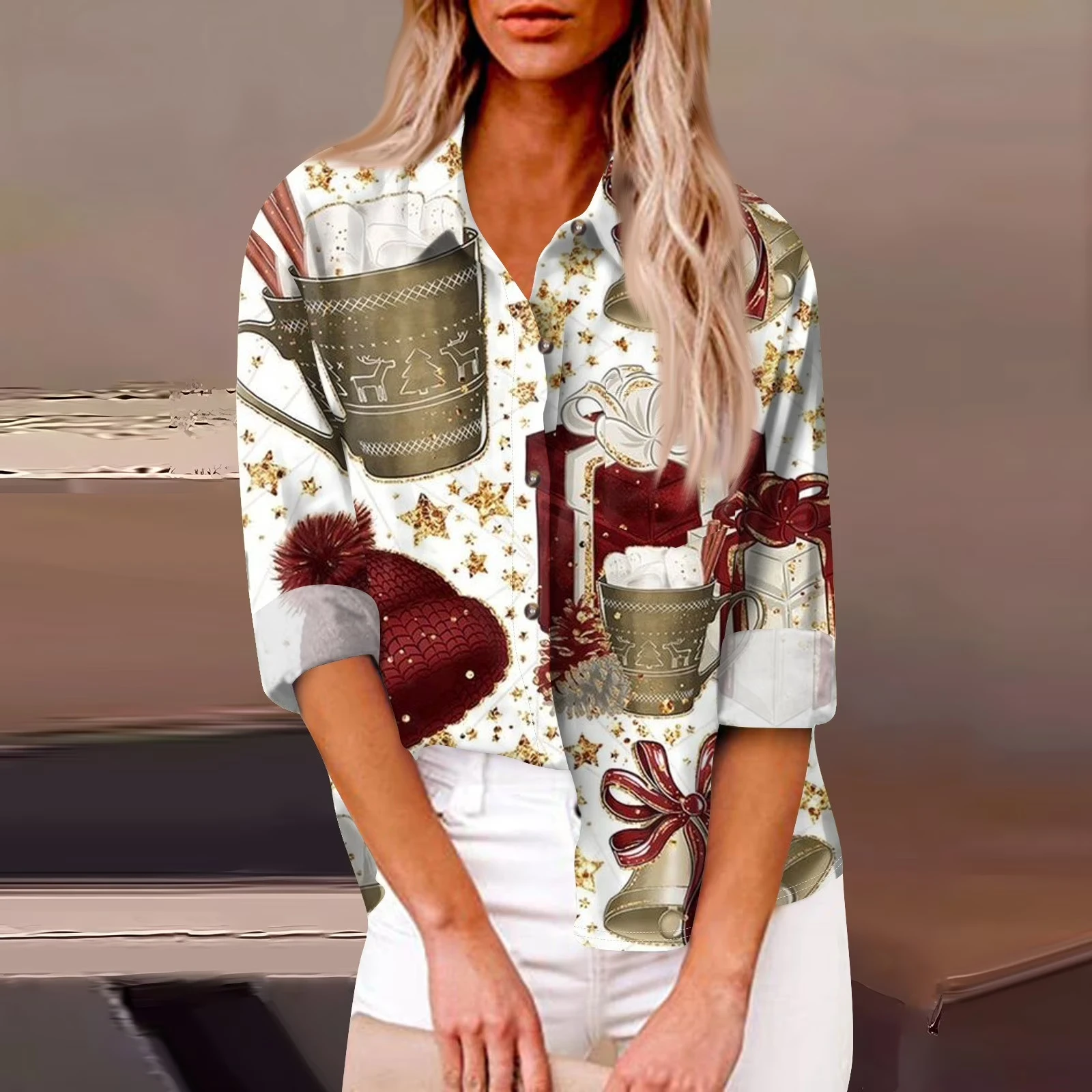 

Women's Long Sleeve Lapel Button Shirt Christmas Snowflake Gift Romantic 3D Printing Suitable For Winter Christmas Party Shirt