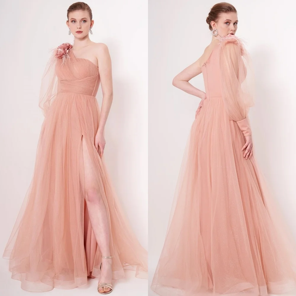 

Customized High Quality Net Flower Pleat A-line One-shoulder Long Dresses Bespoke Occasion Intricate Formal