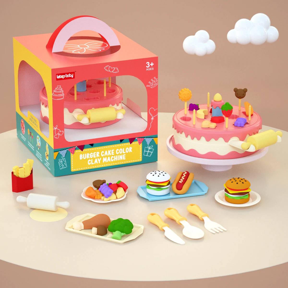 Children's Pretend Play Cake Burger Noodle Machine Family Play Dough Tools Set Colored Clay Plasticine Mold Toys Gift for Kids