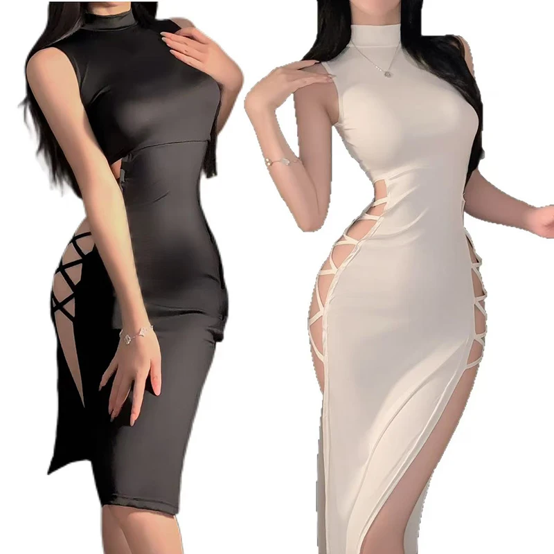 

New Summer Bodycon Dress Sexy Sleeveless Turtleneck With Slit Maxi Dresses Elegant Hollow Out Irregular Long Dress Party Suit