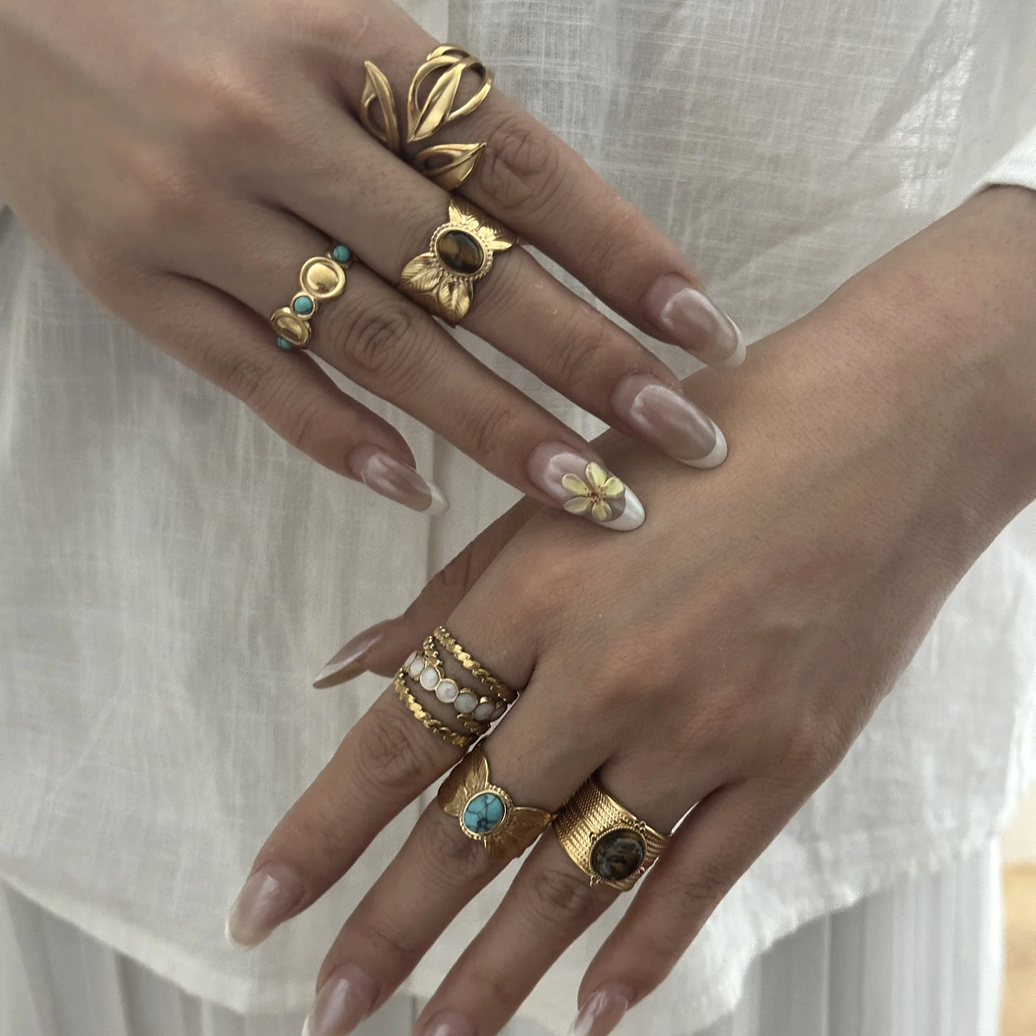 Edelstahlringe im französischen Retro-Stil mit hohlen Blättern für Damen, Tigerauge-Stein, Feder-Textur, klobiger Fingerring, Punk-Schmuck