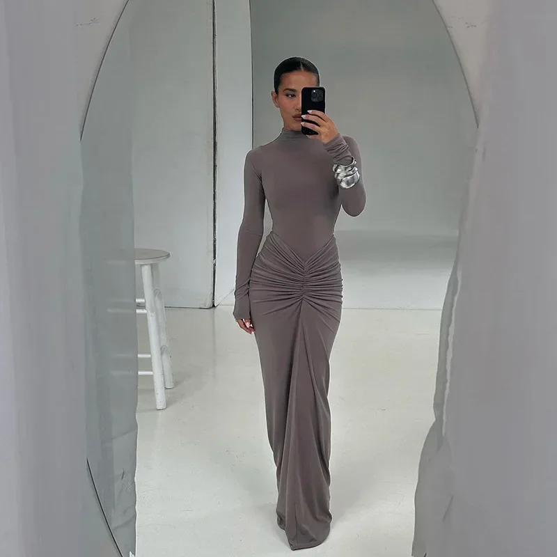Y2k High Neck Pleated Long Dress Women's Sexy Pullover Solid Color Long Dress Elegant Long Sleeve High Waist Evening Dress New
