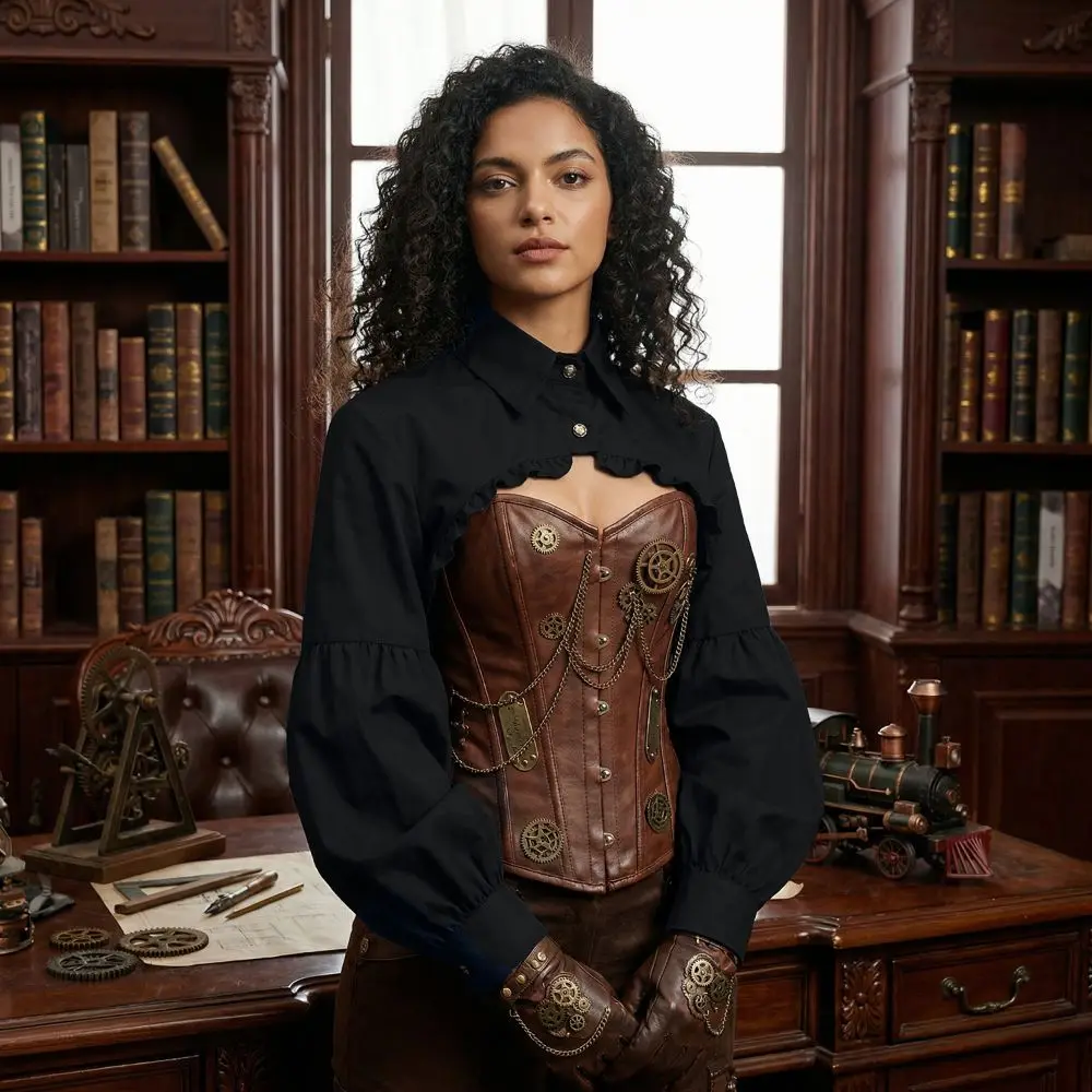 

Винтажный женский топ с длинными рукавами-фонариками и декоративным съемным воротником в стиле ретро, готика, панк